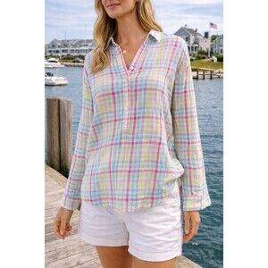 Talbots Women’s Cotton Gauze Shirt Colorful Pastel Plaid Popover Buttons 3x